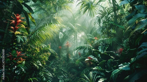 Mystical jungle scene with fog and tropical plants - A serene, otherworldly depiction of a dense jungle with fog that emphasizes the mystery of nature © Tida