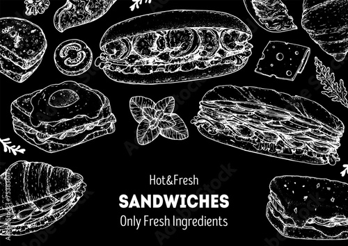 Hot and fresh sandwiches frame. Menu design template. Sandwich sketches. Unique recipe. Hand drawn vector illustration. © DiViArts