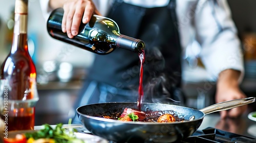 A chef deglazing a pan with wine to make a sauce