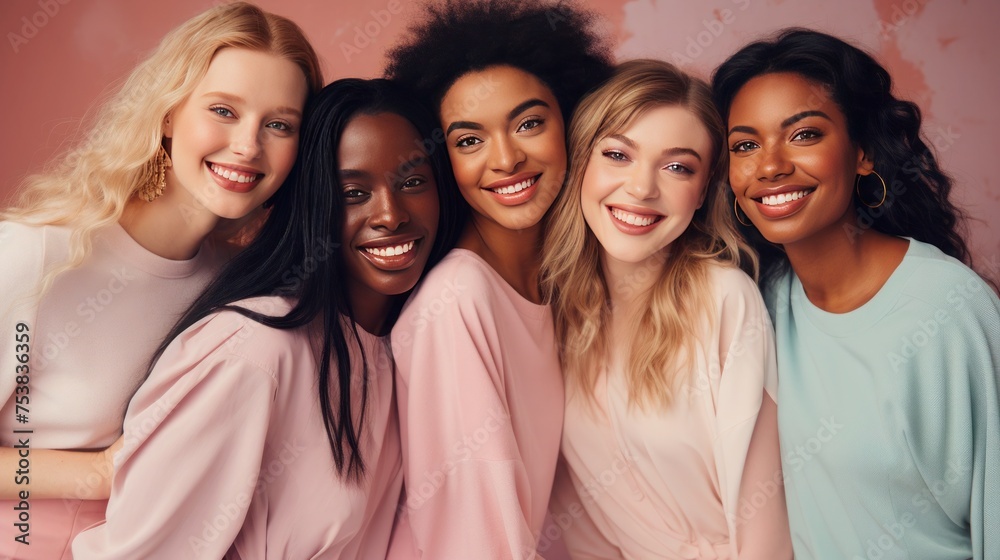 Fototapeta premium Happy smiling young female models of different nationalities in light monochromatic fashionable clothes, multiethnic female friendship