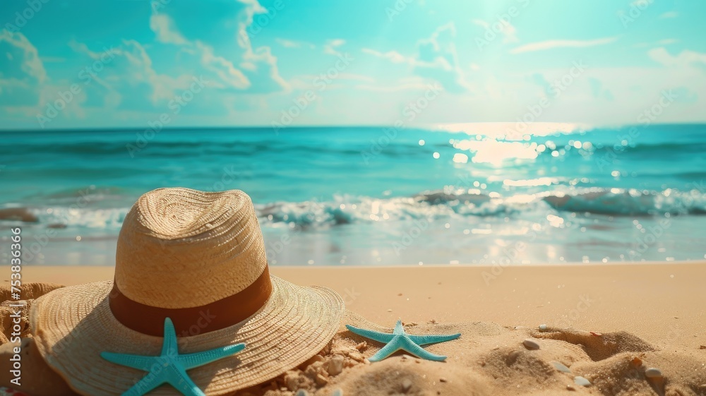 Starfish and straw hat on beach during sunset - A serene sunset beach view featuring starfish and a straw hat, reflecting the warmth and joy of a day spent basking in nature's splendor Starfish and straw hat on beach during sunset - A serene sunset beach view featuring starfish and a straw hat, reflecting the warmth and joy of a day spent basking in nature's splendor