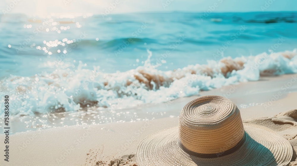 Sunlit hat by the sparkling sea at sunrise - Morning light bathes a straw hat on the beach, near frothy sea waves, symbolizing a fresh start and the tranquil solitude of dawn Sunlit hat by the sparkling sea at sunrise - Morning light bathes a straw hat on the beach, near frothy sea waves, symbolizing a fresh start and the tranquil solitude of dawn
