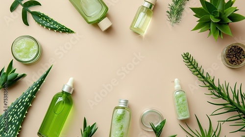Eco-friendly aloe beauty products composition, with transparent bottles and jars amidst fresh aloe cuttings