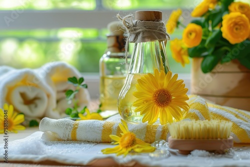 Spa setup with yellow flowers and towels - A spa and wellness arrangement featuring yellow flowers and towels, invoking a sense of relaxation and tranquility in a warm setting