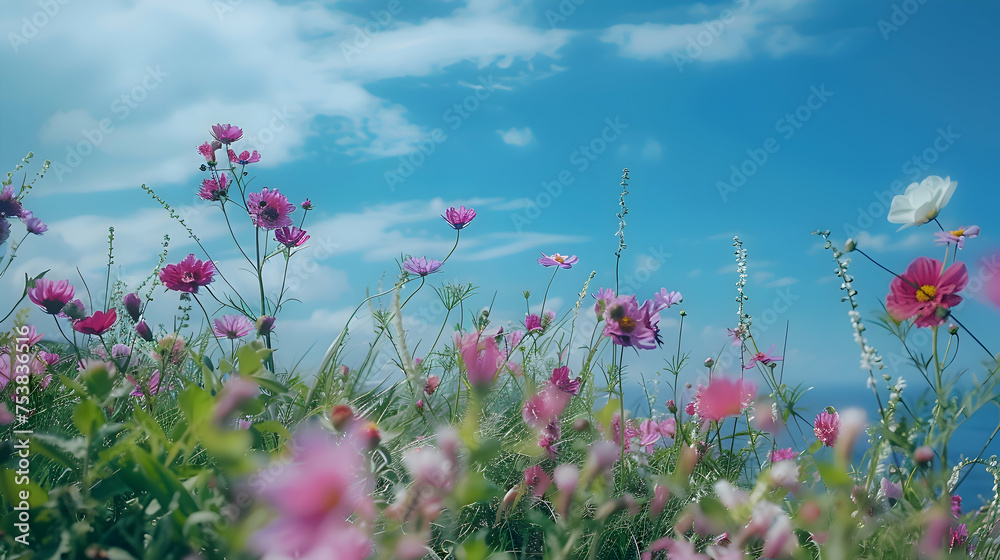 Coastal flowers blooming against a backdrop of azure skies Coastal flowers blooming against a backdrop of azure skies