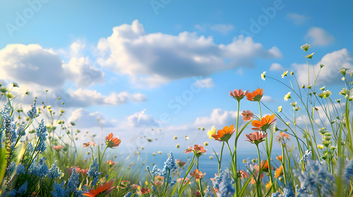 Coastal flowers blooming against a backdrop of azure skies