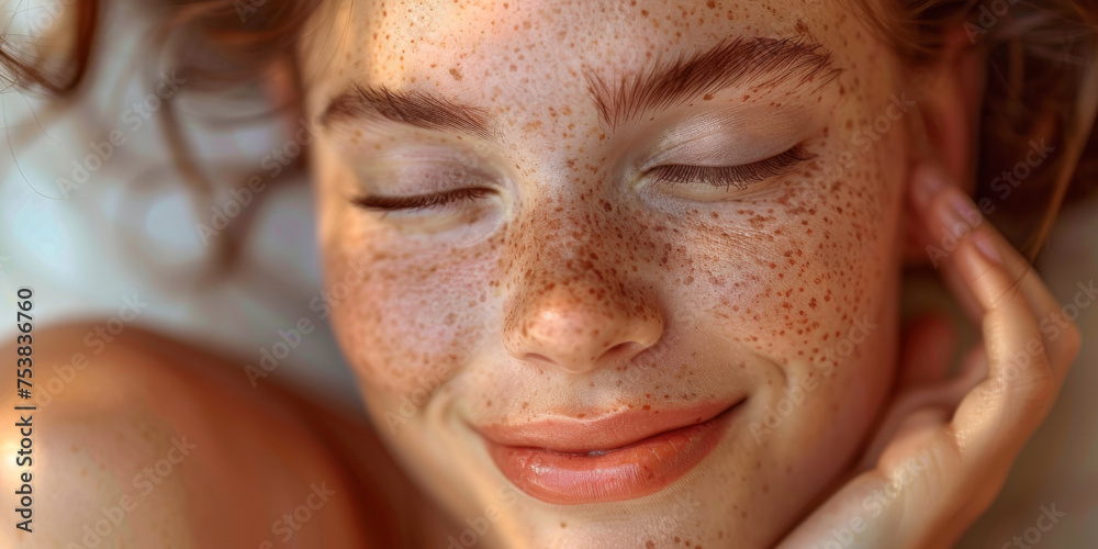 Fototapeta premium Serene Freckled Woman Enjoying a Peaceful Moment