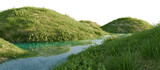 Serene Landscape with Grassy Hills and Clear Water. 3D rendering.