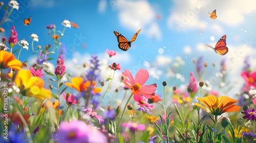 Colorful butterflies fluttering among vibrant wildflowers © Muhammad