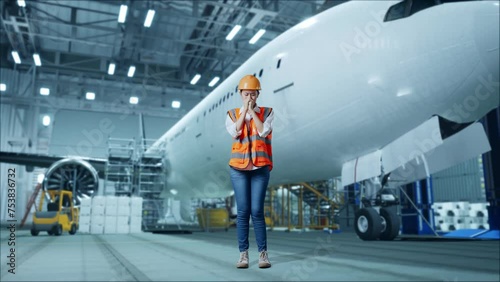 Wallpaper Mural Full Body Of Asian Female Engineer With Safety Helmet Prays For Something While Standing With Aircraft In The Hangar Torontodigital.ca