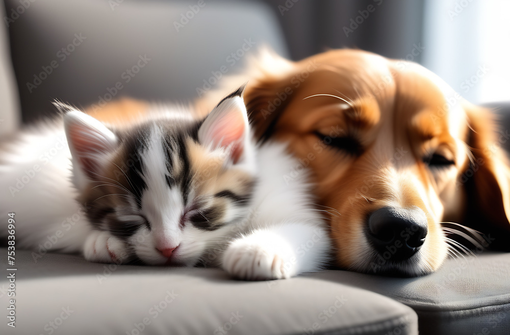 Cat and dog sleeping. Puppy and kitten sleep. Cat and dog sleeping together. cat and dog friendship.