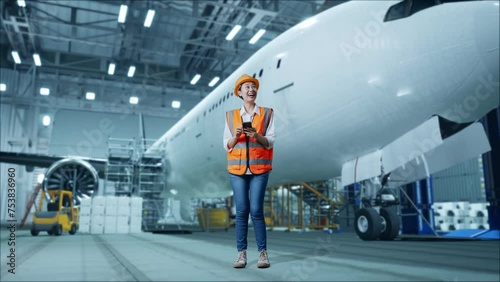 Wallpaper Mural Full Body Of Asian Female Engineer With Safety Helmet Using Smartphone And Looking Around While Standing With Aircraft In The Hangar Torontodigital.ca