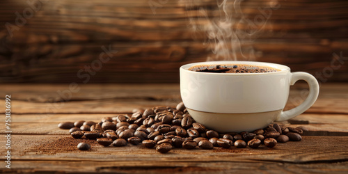 Steaming Hot Coffee in White Cup with Whole Beans on Wooden Table