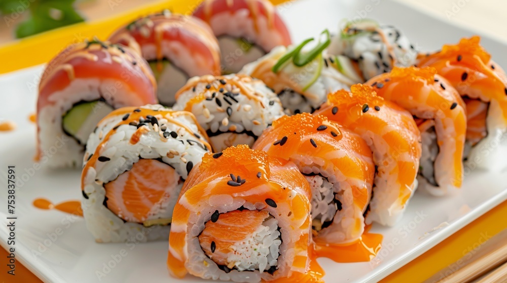Top view of mouthwatering rolls topped with rice and salmon and arranged on a vibrant yellow table with chopsticks in a studio Top view of mouthwatering rolls topped with rice and salmon and arranged on a vibrant yellow table with chopsticks in a studio
