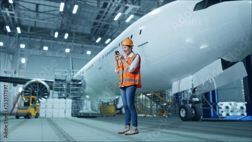 Wallpaper Mural Full Body Side View Of Asian Female Engineer With Safety Helmet Using Smartphone While Standing With Aircraft In The Hangar Torontodigital.ca