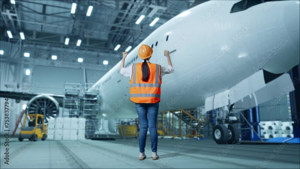 Full Body Back View Of Asian Female Engineer With Safety Helmet Standing Raising Her Hands Celebrating Working With Aircraft In The Hangar Full Body Back View Of Asian Female Engineer With Safety Helmet Standing Raising Her Hands Celebrating Working With Aircraft In The Hangar