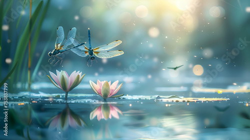 Dragonflies dancing above a tranquil pond's surface