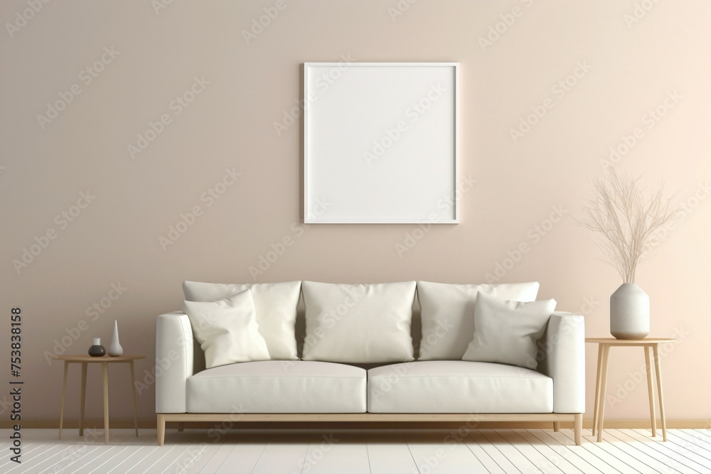 Picture the simplicity of a beige and Scandinavian sofa in a tranquil setting with a white blank empty frame for copy text, against a soft color wall background. Picture the simplicity of a beige and Scandinavian sofa in a tranquil setting with a white blank empty frame for copy text, against a soft color wall background.