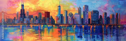 A painting depicting a cityscape with buildings, streets, and the sun setting in the background. © pham