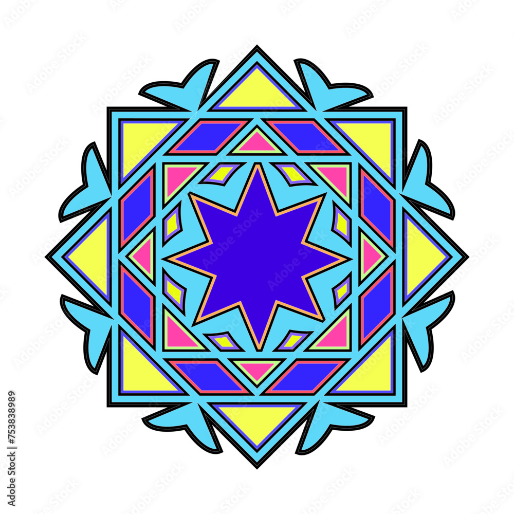 Mandala. Pattern is geometric and multi colored. The drawing is for printing. Vector illustration isolated on a white background