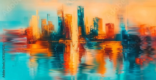 A painting depicting a city skyline with tall buildings reflected in the water below, creating a mirror image of the urban landscape.