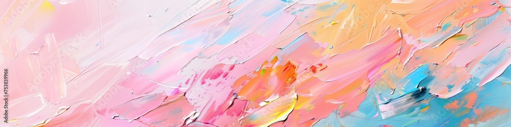 Obraz premium An abstract painting featuring vibrant shades of pink, blue, and yellow blending together in dynamic and expressive patterns.