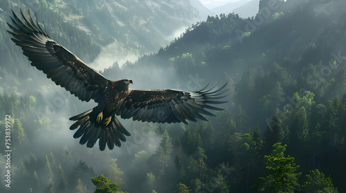 Majestic eagle soaring above a forested landscape
