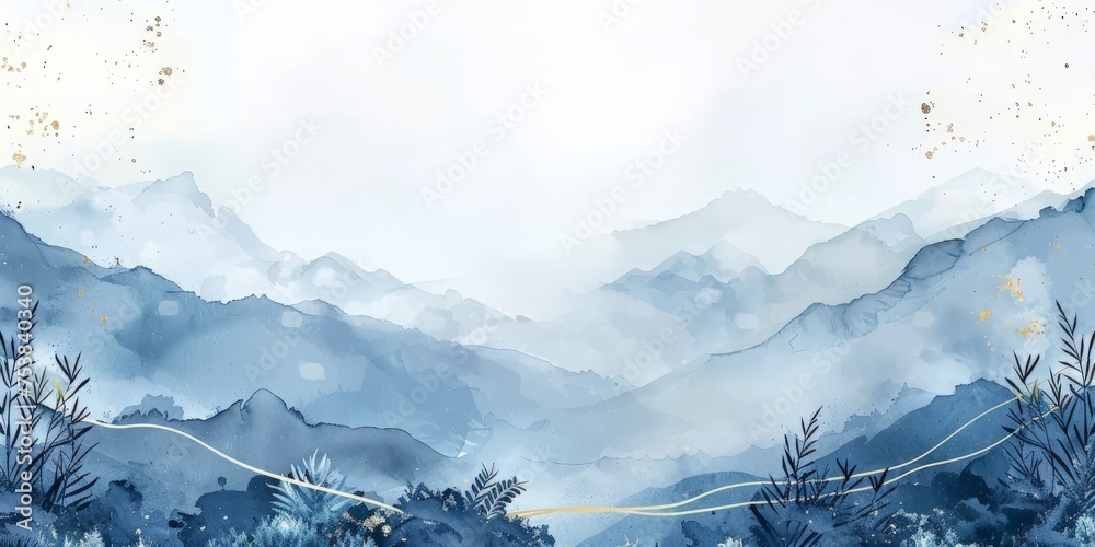 A realistic watercolor painting of a majestic mountain range with snow-capped peaks and lush green valleys.