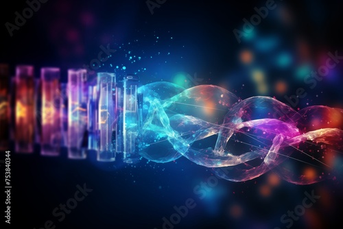 medical pharmaceutical research background with blood cells and virus cure using DNA genome sequencing biotechnology as wide banner hologram photo