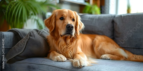 A Content Golden Retriever Lounges on a Comfy Couch in a Stylish Home. Concept Pets at Home, Comfortable Interiors, Cozy Lounge Areas, Animal Photography, Stylish Decor
