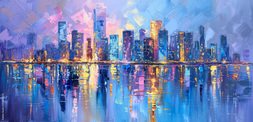 A painting depicting a bustling city at night, with glowing lights illuminating the streets and buildings.