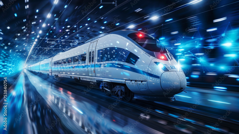 Fototapeta premium Futuristic Rail Transit. An ultra-modern train hurtling through a tunnel at breakthrough speeds, symbolic of cutting-edge transportation and engineering.