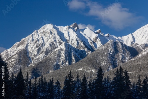 Rugged Mountain Ridge Snow Covered Princess Margaret Peak, Fairholme Range. Scenic Winter Landscape View, Blue Sky, Canmore Bow Valley Alberta Canadian Rockies
 photo