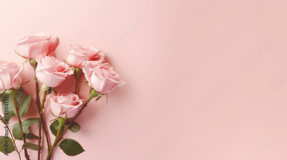 Soft blush roses on a pale pink background. Copy space. Space for text