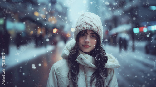 Beautiful young woman in the winter city. Snowfall. Winter fashion.