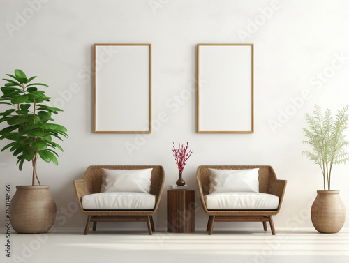 Step into a world of tranquility with a modern living room boasting a wicker chair, floor vases, and a blank mockup poster frame against a bright white wall.