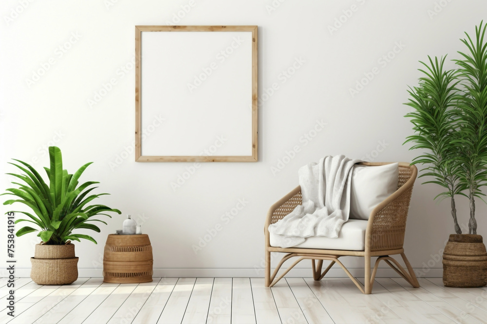 Step into the boho-chic realm of a modern living room with a wicker chair, floor vases, and a blank mockup poster frame against a pristine white backdrop. Step into the boho-chic realm of a modern living room with a wicker chair, floor vases, and a blank mockup poster frame against a pristine white backdrop.
