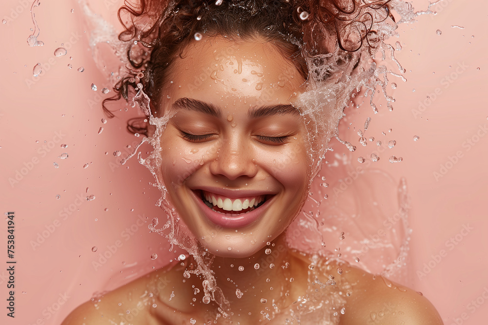 Young woman smiling, face in water, natural beauty