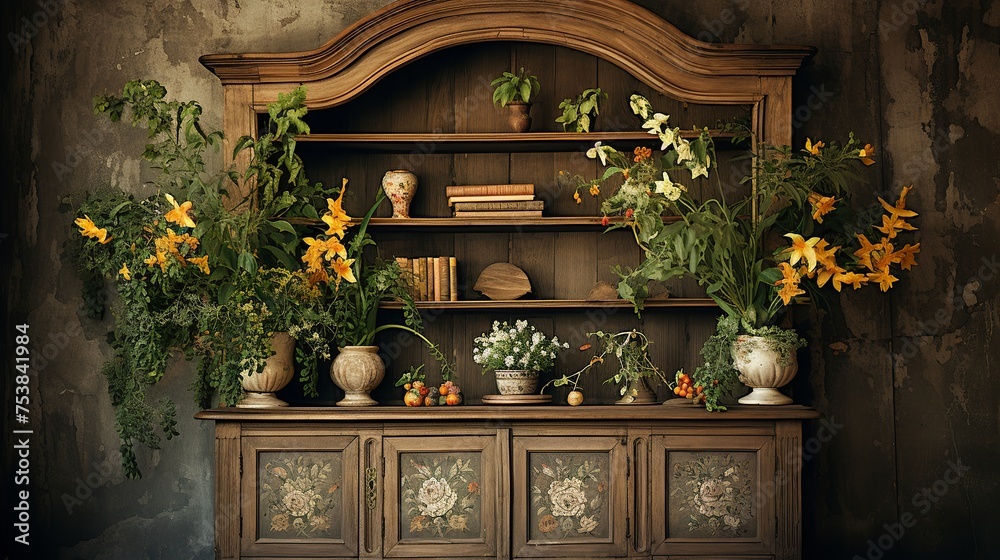 illustration of an antique brown cupboard with carved ornaments of flowers and leaves