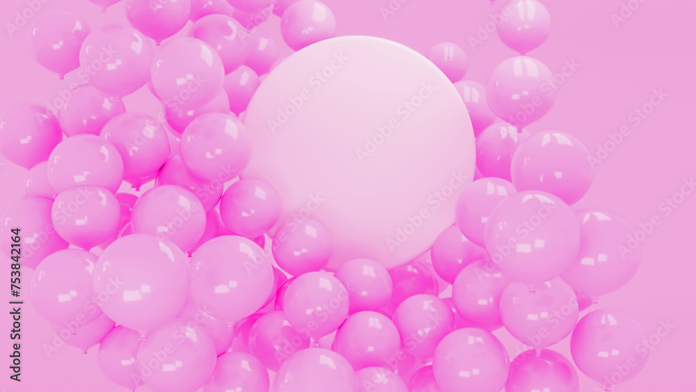 Mock up, circular base. Composition of pink balloons around
