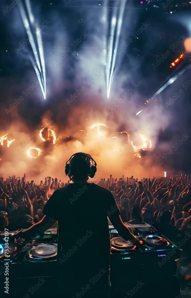 vertical slow motion of DJ Performing at a Live Concert with Enthusiastic Crowd and Fiery Stage Lights