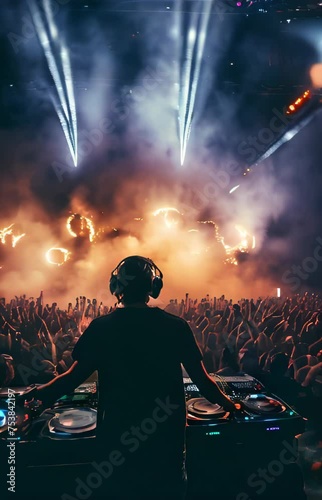 vertical slow motion of DJ Performing at a Live Concert with Enthusiastic Crowd and Fiery Stage Lights