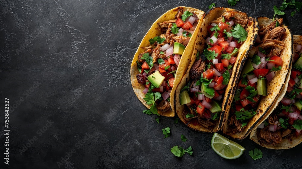 Fototapeta premium Pulled pork tacos with fresh salsa on wooden board