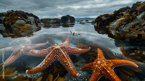 Starfish clinging to rocks in shallow tidal pools