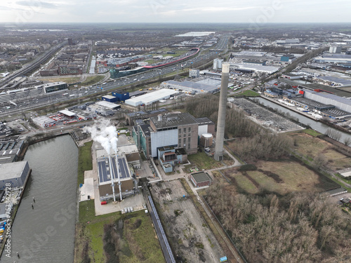 Aerial birds eye view on Bioheat district heating installation next to former power plant Lage Weide in Utrecht, The Netherlands. Energy production and distribution.