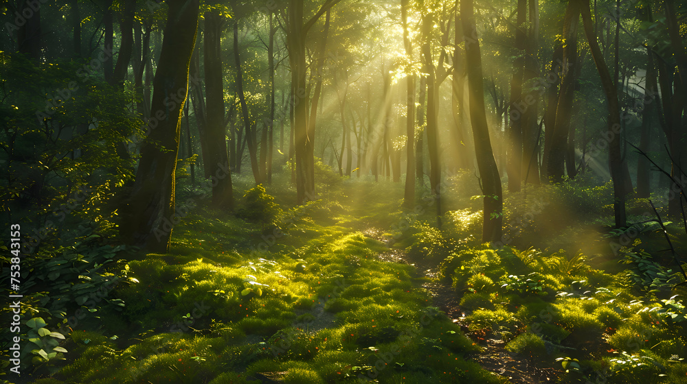 Sunlight streaming through a dense forest canopy onto a mossy path - obrazy, fototapety, plakaty 