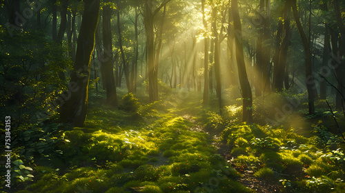 Sunlight streaming through a dense forest canopy onto a mossy path