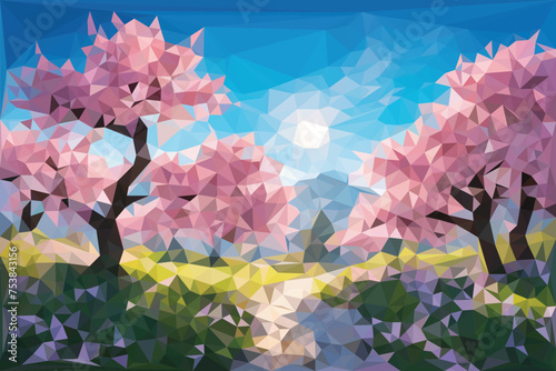 Wallpaper Mural Low poly cartoon landscape with Sakura Japanese tree Torontodigital.ca