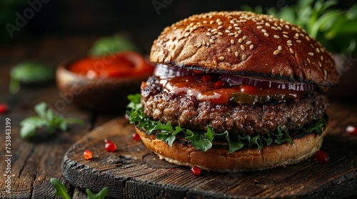 Gourmet burger with sesame bun and fresh toppings