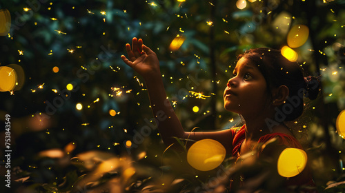 Countless fireflies twinkle like stars in a lush forest illuminating A  child, eyes wide with wonder photo